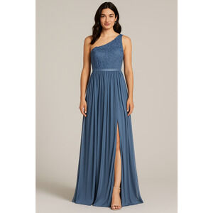 David's Bridal Dress Women 4 Steel Blue Lace One Shoulder Gown Bridesmaid Formal